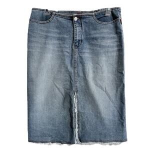 Y2K Smiths Dungarees Denim Low Rise Pencil Skirt Size 30 Blue Slit Raw Hem